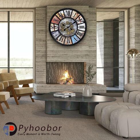 ساعة حائط Pyhoobor الصناعية Steampunk تعمل بالبطارية، ساعة عتيقة لمزرعة ريفية حديثة مع تروس متحركة حقيقية، لغرفة المعيشة، المكتب، أو ديكور البار (16.5 بوصة/21 بوصة) in Kuwait