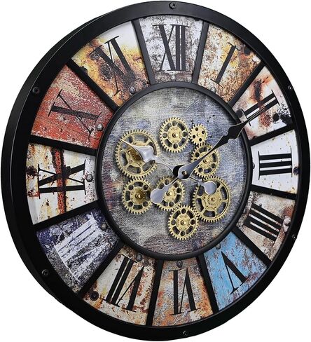 ساعة حائط Pyhoobor الصناعية Steampunk تعمل بالبطارية، ساعة عتيقة لمزرعة ريفية حديثة مع تروس متحركة حقيقية، لغرفة المعيشة، المكتب، أو ديكور البار (16.5 بوصة/21 بوصة) in Kuwait