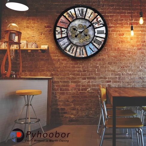 ساعة حائط Pyhoobor الصناعية Steampunk تعمل بالبطارية، ساعة عتيقة لمزرعة ريفية حديثة مع تروس متحركة حقيقية، لغرفة المعيشة، المكتب، أو ديكور البار (16.5 بوصة/21 بوصة) in Kuwait