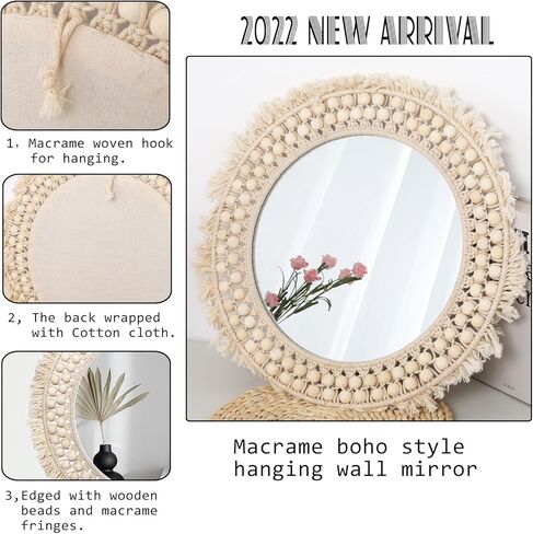 سوثوني مراة بوهو دائرية معلقة مقاس 18 انش لتزيين الحائط، ديكور حائط فني بوهيمي، مرايا دائرية مكرمية للديكور لغرفة المعيشة وغرفة النوم والحضانة والمدخل in Kuwait