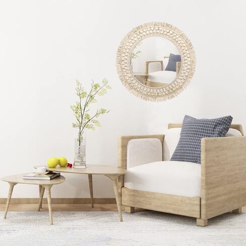 سوثوني مراة بوهو دائرية معلقة مقاس 18 انش لتزيين الحائط، ديكور حائط فني بوهيمي، مرايا دائرية مكرمية للديكور لغرفة المعيشة وغرفة النوم والحضانة والمدخل in Kuwait