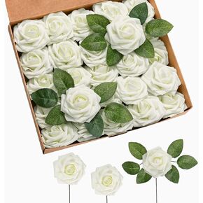 Jelofly Artificial Flowers African Violet Purple Roses 50pcs Real Looking Fake Flowers Foam Roses w/Stem DIY Wedding Bouquets Centerpieces Baby Shower Party Home Decorations