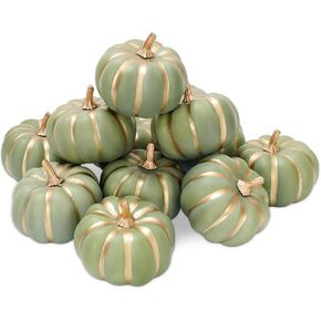 Whaline Green Artificial Pumpkins Bulk with Gold Edges Fake Foam Pumpkins Faux Fall Harvest Foam Pumpkins for Autumn Halloween Thanksgiving Home Party Kitchen Wedding Decor, 12Pcs