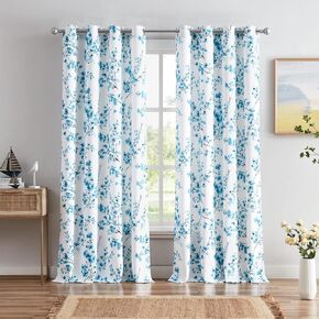 Melodieux Floral Curtains 63 Inch Length for Living Room, Farmhouse Blue Apricot Flower Print White Decorative Grommet Drapes, 52x63 Inch, 2 Panels in Saudi Arabia