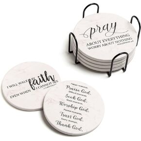 Coasters for Drinks with Bible Verses, Set of 6 Absorbent Drinks Coasters with Holder Ceramic Drink Coaster with Cork Backing for Table Protection, Christian Coasters, Christian Gifts in Saudi Arabia