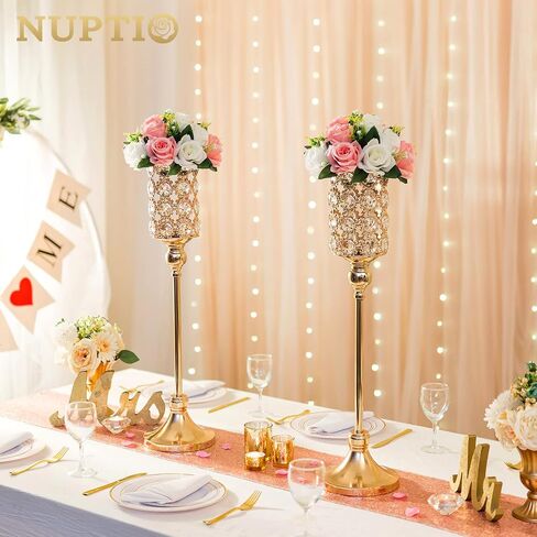NUPTIO Wedding Vases Centerpieces for Tables - 2 Pcs 32.9in Tall Gold Vase for Flowers Crystal Flower Stand Metal Weddings Centerpieces for Birthday Party Anniversary Aisle Living Room Decorations in Saudi Arabia