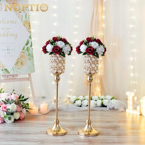 NUPTIO Wedding Vases Centerpieces for Tables - 2 Pcs 32.9in Tall Gold Vase for Flowers Crystal Flower Stand Metal Weddings Centerpieces for Birthday Party Anniversary Aisle Living Room Decorations in Saudi Arabia