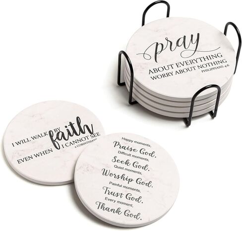 Coasters for Drinks with Bible Verses, Set of 6 Absorbent Drinks Coasters with Holder Ceramic Drink Coaster with Cork Backing for Table Protection, Christian Coasters, Christian Gifts in Kuwait