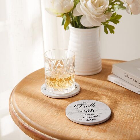 Coasters for Drinks with Bible Verses, Set of 6 Absorbent Drinks Coasters with Holder Ceramic Drink Coaster with Cork Backing for Table Protection, Christian Coasters, Christian Gifts in Kuwait