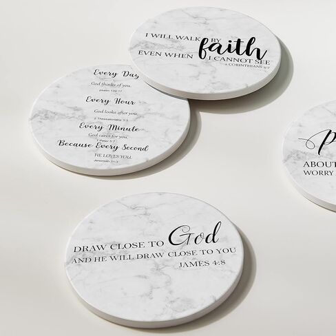 Coasters for Drinks with Bible Verses, Set of 6 Absorbent Drinks Coasters with Holder Ceramic Drink Coaster with Cork Backing for Table Protection, Christian Coasters, Christian Gifts in Kuwait