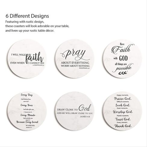 Coasters for Drinks with Bible Verses, Set of 6 Absorbent Drinks Coasters with Holder Ceramic Drink Coaster with Cork Backing for Table Protection, Christian Coasters, Christian Gifts in Kuwait