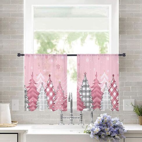 Christmas Snowman Semi Sheer Curtains 45 inch Length for Living Room, Xmas Tree Snowflake Red Window Treatments Curtains Rod Pocket Curtains Light Filter Drapes for Bedroom Kitchen 2 Panels in Kuwait
