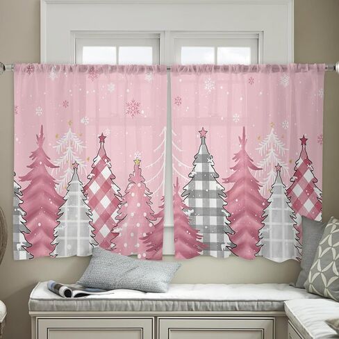 Christmas Snowman Semi Sheer Curtains 45 inch Length for Living Room, Xmas Tree Snowflake Red Window Treatments Curtains Rod Pocket Curtains Light Filter Drapes for Bedroom Kitchen 2 Panels in Kuwait