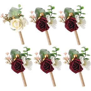 Rose Boutonniere for Men with Pins Wedding Groom and Groomsmen Corsage Artificial Wedding Flowers for Vintage Wedding Anniversary Dinner Party Prom Suit Decorations(Dusty Rose, 6 Pcs)
