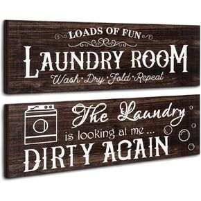 2 Pcs Laundry Room Wooden Signs Decor Rustic Family Laundry Room Wall Decor Wood Vintage Farmhouse Bathroom Wall Sign Retro Laundry Rules for Home Laundry Room, 13.8 x 4.7 Inch (Brown)
