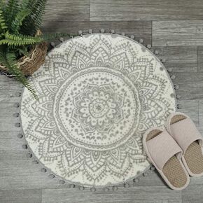 Uphome Small Round Rug 2’ Boho Beige and Black Bathroom Rug with Pom Poms Fringe Washable Mandala Circle Shower Mat Soft Non-Slip Cute Circular Throw Rug for Sink Powder Room Kids Room Nursery in Kuwait