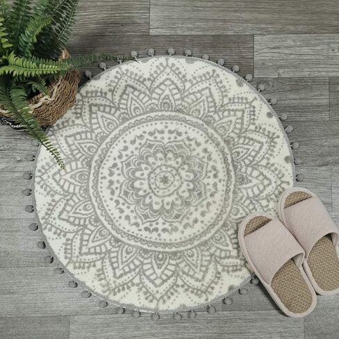 Uphome Small Round Rug 2’ Boho Beige and Black Bathroom Rug with Pom Poms Fringe Washable Mandala Circle Shower Mat Soft Non-Slip Cute Circular Throw Rug for Sink Powder Room Kids Room Nursery in Kuwait