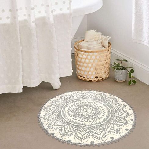 Uphome Small Round Rug 2’ Boho Beige and Black Bathroom Rug with Pom Poms Fringe Washable Mandala Circle Shower Mat Soft Non-Slip Cute Circular Throw Rug for Sink Powder Room Kids Room Nursery in Kuwait