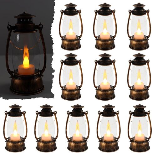 ريبيرلا 12 قطعة فانوس صغير مزخرف مع شمعة LED وامضة، فانوس شمعة معلق كبير الحجم 6 بوصة، قطعة مركزية للطاولة، ديكورات فانوس عتيقة لديكور الحفلات الغربية، البطارية متضمنة (بني) in Kuwait