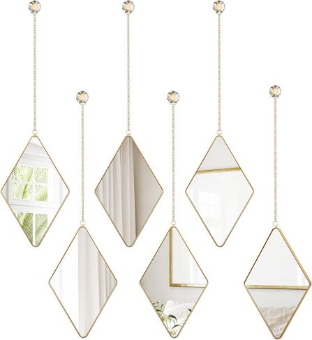 6 Pcs Diamond Wall Mirror with Chain Hanging Mirror Set with Diamond Handle Frame Decorative Chain Mirror for Home Entryways Living Room Bathroom Farmhouse Wall Decor(Rose Gold) in Kuwait