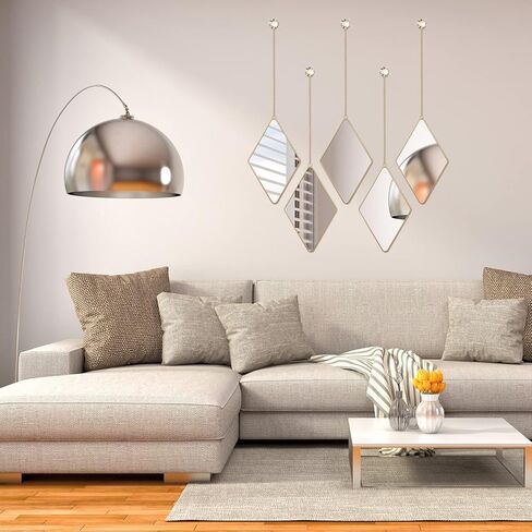 6 Pcs Diamond Wall Mirror with Chain Hanging Mirror Set with Diamond Handle Frame Decorative Chain Mirror for Home Entryways Living Room Bathroom Farmhouse Wall Decor(Rose Gold) in Kuwait