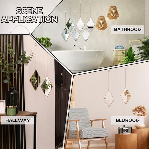 6 Pcs Diamond Wall Mirror with Chain Hanging Mirror Set with Diamond Handle Frame Decorative Chain Mirror for Home Entryways Living Room Bathroom Farmhouse Wall Decor(Rose Gold) in Kuwait