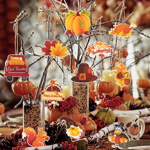 36Pcs Ornaments - Happy Thanksgiving Hanging Decorations Pumpkin Turkey Maple Leaves Acorn Squirrel Wooden Cutouts for Home Office Tree Decorations in Saudi Arabia