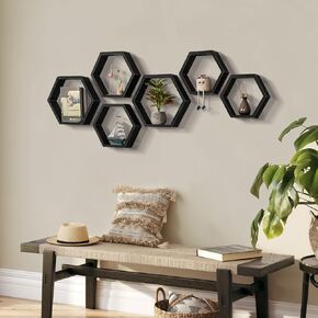 Hexagon Floating Shelves Set of 6 Farmhouse Honeycomb Wall Storage Shelf Wood Display Hexagonal Shelves Wall Mounted Hanging Rustic Shelf Racks for Bedroom Living Room Hallway Office Decor, Brown