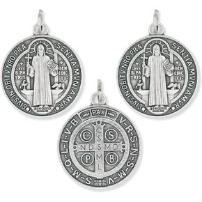 Caritas et Fides Bulk Pack of 3 - Round St Benedict Medals Catholic Powerful Protection from Evil and Overcoming Addiction, 1 1/4" Diameter with Silver Oxidized Finish, Made in Italy in Kuwait