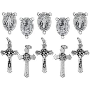Caritas et Fides Bulk Pack of 5 - Rosary Cross and Center Sets - 1.5" Saint Benedict Crucifix and 1" Miraculous Medal Rosary Center Piece, Catholic Rosary Making Kit to Make Your Own Rosary in Saudi Arabia