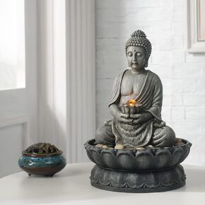 GOSSI 11.2 in Tall Indoor Tabletop Buddha Fountains Desk Water Fountain Sitting Buddha Fountain Zen Fountain w/Reflective Lighting/Cobblestone Office and Home Decor in Saudi Arabia