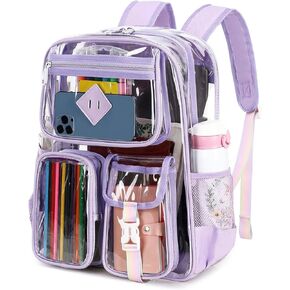 PIG PIG GIRL Clear Backpack Stadium Approved, Heavy Duty PVC Transparent Book Bag for Girls See Through Backpack for School for Women for College Work Travel Festival,Purple
