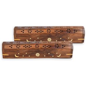 2 Pack - Incense Stick Holder - Coffin Style - Wood Incense Stick Burner with SUN MOON STAR Inlays Handmade with Brass Inlays (Black)