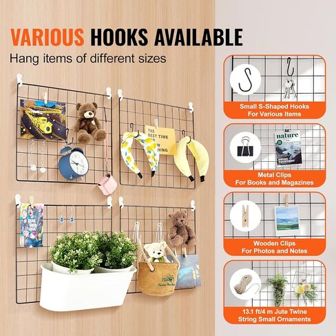 VEVOR Grid Wall Panels, 4 Packs Wire Wall Grid for Photo Pictures Display, Wall Storage Organizer Metal Grid Wall Panel for Home Office Decor with Clips and Hooks, 11.8x15.7 inch in Saudi Arabia