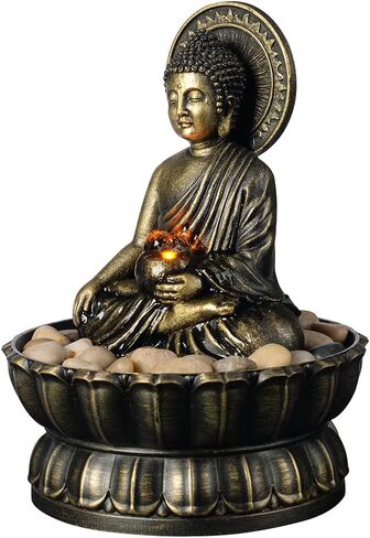 Haobos 9.4" Indoor Tabletop Fountain Exquisite Sitting Buddha Fountains Meditation Desk Water Fountain Decorative Zen Fountain w/Reflective Lighting/Cobblestone Office and Home Decor (21126A) in Kuwait