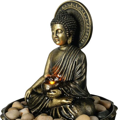 Haobos 9.4" Indoor Tabletop Fountain Exquisite Sitting Buddha Fountains Meditation Desk Water Fountain Decorative Zen Fountain w/Reflective Lighting/Cobblestone Office and Home Decor (21126A) in Kuwait