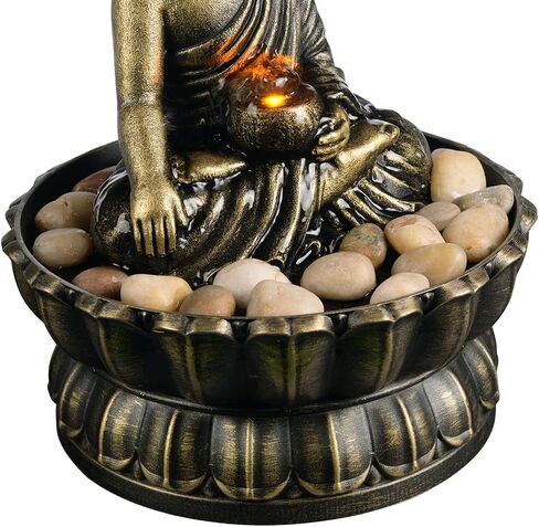 Haobos 9.4" Indoor Tabletop Fountain Exquisite Sitting Buddha Fountains Meditation Desk Water Fountain Decorative Zen Fountain w/Reflective Lighting/Cobblestone Office and Home Decor (21126A) in Kuwait