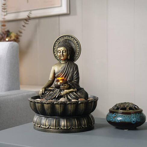 Haobos 9.4" Indoor Tabletop Fountain Exquisite Sitting Buddha Fountains Meditation Desk Water Fountain Decorative Zen Fountain w/Reflective Lighting/Cobblestone Office and Home Decor (21126A) in Kuwait