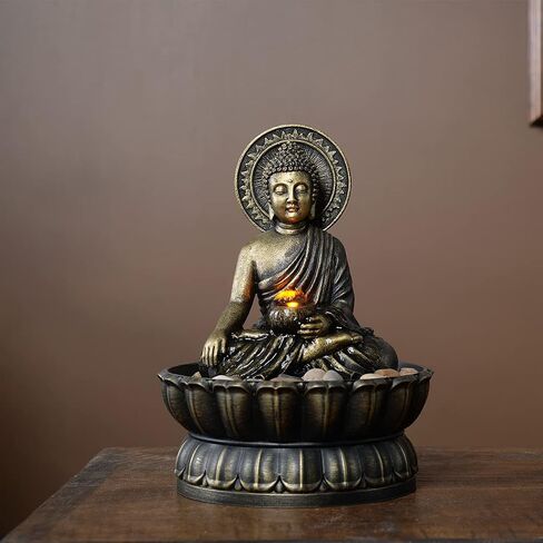Haobos 9.4" Indoor Tabletop Fountain Exquisite Sitting Buddha Fountains Meditation Desk Water Fountain Decorative Zen Fountain w/Reflective Lighting/Cobblestone Office and Home Decor (21126A) in Kuwait