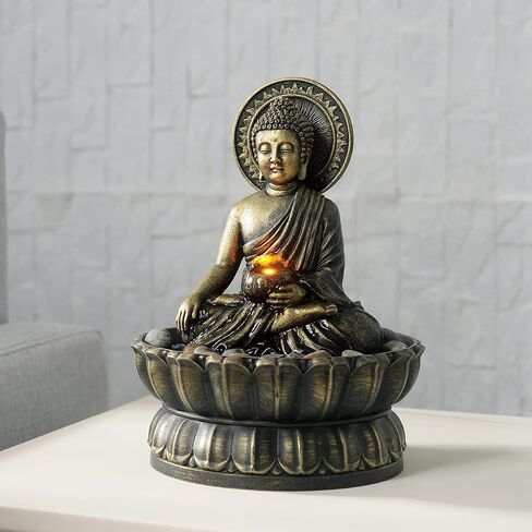Haobos 9.4" Indoor Tabletop Fountain Exquisite Sitting Buddha Fountains Meditation Desk Water Fountain Decorative Zen Fountain w/Reflective Lighting/Cobblestone Office and Home Decor (21126A) in Kuwait