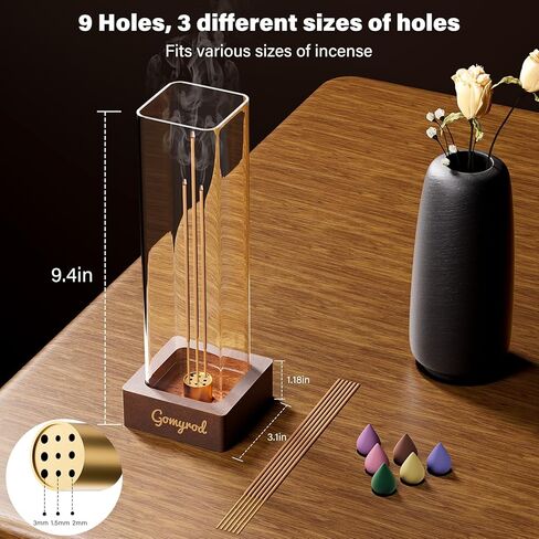 Gomyrod Premium Incense Holder for Sticks | Elegant Ash Catcher with Removable Glass | 9-Hole Design for Various Incense | Easy to Clean | Perfect for Meditation, Yoga, and Home Decor in Kuwait