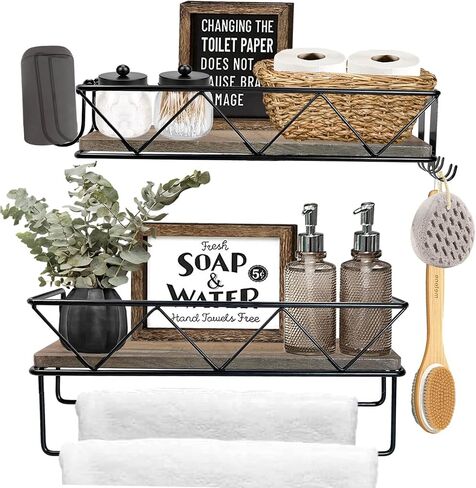 QEEIG Bathroom Floating Shelves with Towel Bar Wall Shelf Over Toilet Farmhouse Decor 16 inch Set of 2 (FS014) in Saudi Arabia