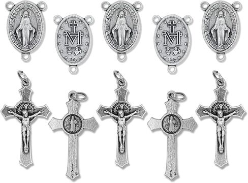 Caritas et Fides Bulk Pack of 5 - Rosary Cross and Center Sets - 1.5" Saint Benedict Crucifix and 1" Miraculous Medal Rosary Center Piece, Catholic Rosary Making Kit to Make Your Own Rosary in Saudi Arabia