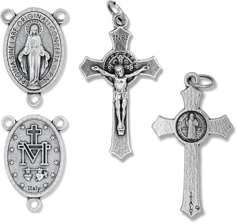 Caritas et Fides Bulk Pack of 5 - Rosary Cross and Center Sets - 1.5" Saint Benedict Crucifix and 1" Miraculous Medal Rosary Center Piece, Catholic Rosary Making Kit to Make Your Own Rosary in Saudi Arabia