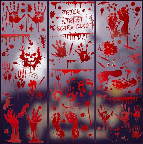 Halloween Decorations Window Clings - 9 Sheets 90 Pcs Bloody Handprint Footprints Stickers with 10 Pcs Tattoo Stickers, Double Sided Static Wall Floor Decals for Horror Bathroom Zombie Party in Saudi Arabia