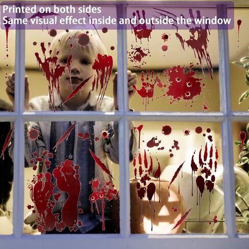 Halloween Decorations Window Clings - 9 Sheets 90 Pcs Bloody Handprint Footprints Stickers with 10 Pcs Tattoo Stickers, Double Sided Static Wall Floor Decals for Horror Bathroom Zombie Party in Saudi Arabia