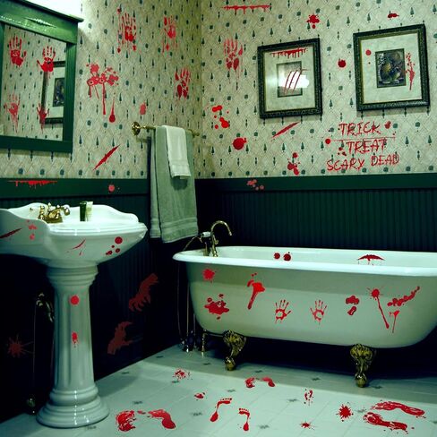 Halloween Decorations Window Clings - 9 Sheets 90 Pcs Bloody Handprint Footprints Stickers with 10 Pcs Tattoo Stickers, Double Sided Static Wall Floor Decals for Horror Bathroom Zombie Party in Saudi Arabia