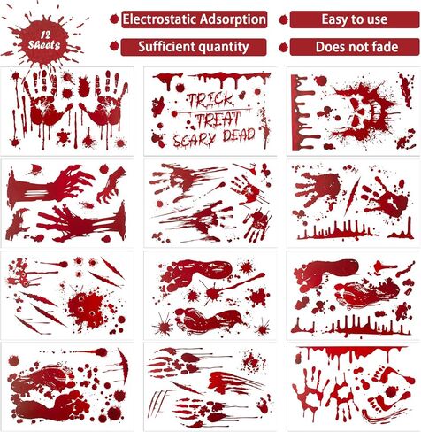Halloween Decorations Window Clings - 9 Sheets 90 Pcs Bloody Handprint Footprints Stickers with 10 Pcs Tattoo Stickers, Double Sided Static Wall Floor Decals for Horror Bathroom Zombie Party in Saudi Arabia