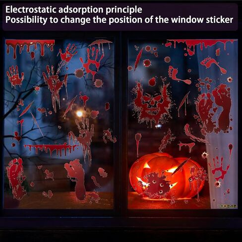Halloween Decorations Window Clings - 9 Sheets 90 Pcs Bloody Handprint Footprints Stickers with 10 Pcs Tattoo Stickers, Double Sided Static Wall Floor Decals for Horror Bathroom Zombie Party in Saudi Arabia