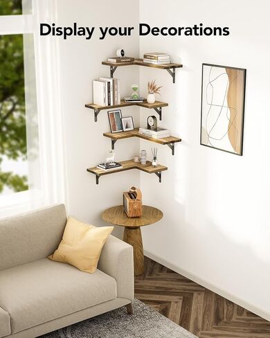 أرفف زاوية عائمة من AMADA HomeFurnishing، مجموعة من 4 أرفف زاوية مثبتة على الحائط، أرفف لديكور الحائط، أرفف خشبية زاوية لديكور المنزل، المكتب، غرفة النوم، الحمام، غرفة الغسيل، المطبخ in Kuwait